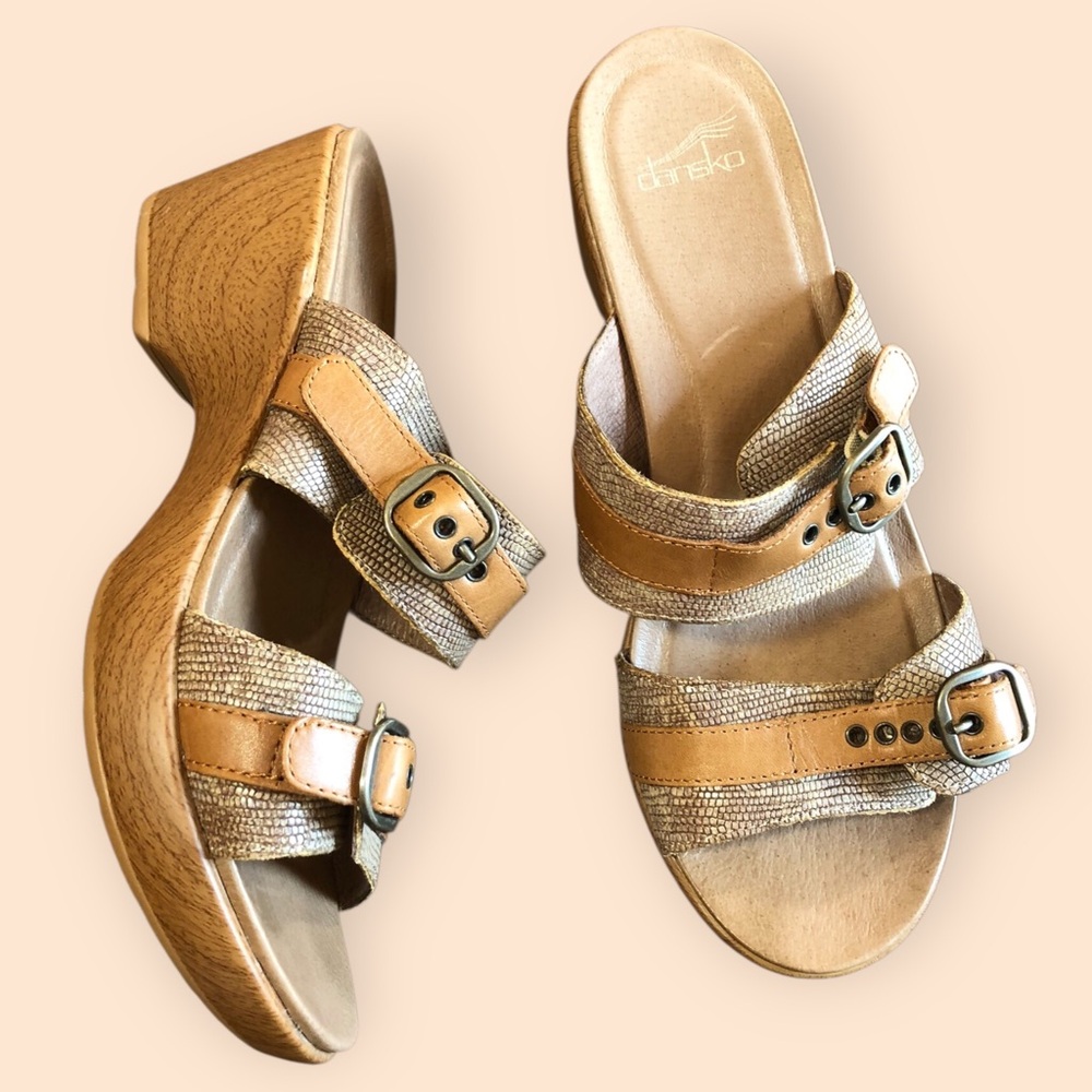 Dansko Jessie Sand Lizard Wedge Sandals Clogs Tan Straps Leather Women 9.5-10